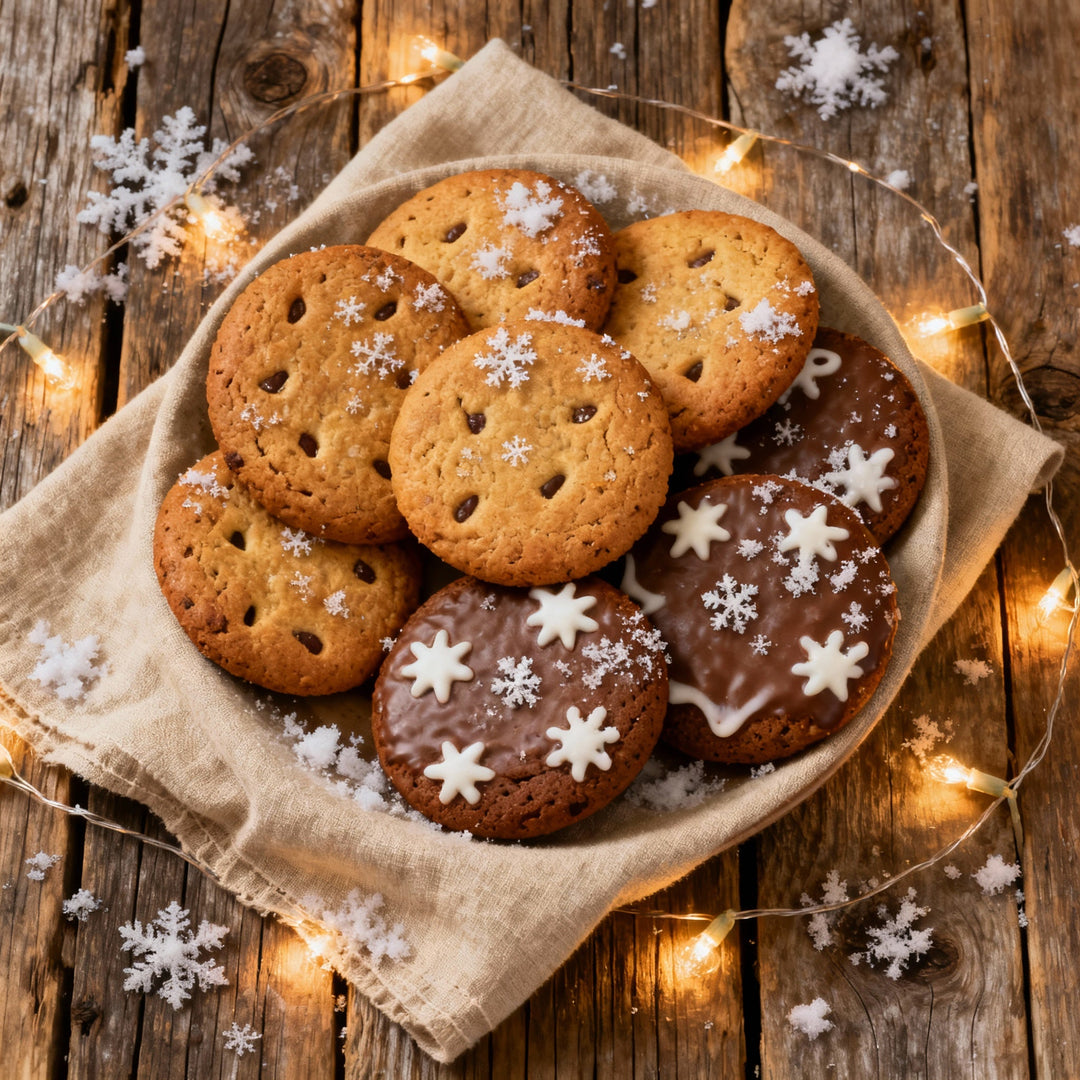 Holzbrett mit verschiedenen Lebkuchen, blauer Tisch