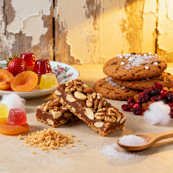 vegane Süssigkeiten in einer Holzschüssel, blaues Tuch drunter