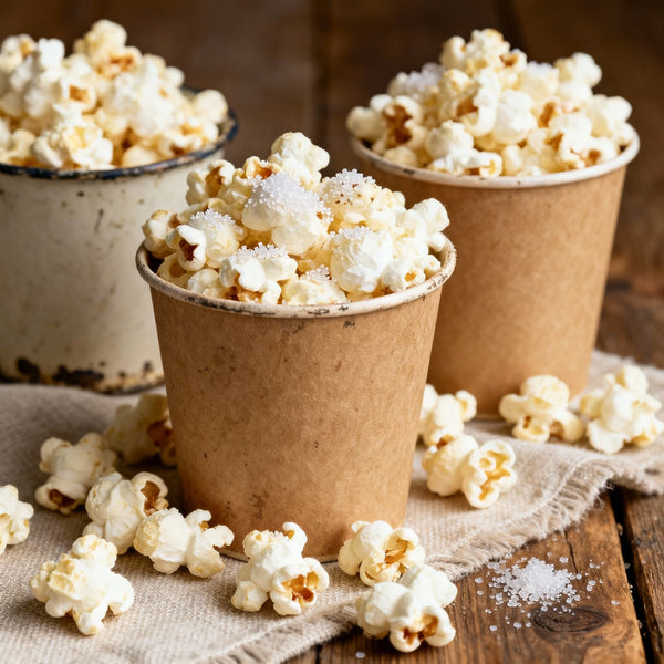 Popkorn in einer Holzschachtel auf einem Holzbrett