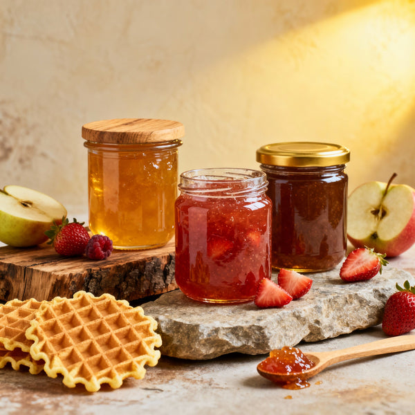 Mehrere Marmeladengläser und Früchte  auf einem Holzbrett