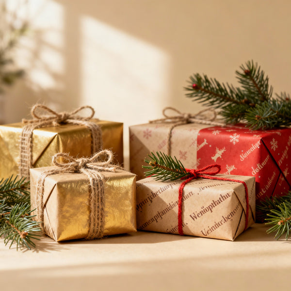 blaues Geschenk auf einem Holzboden, weihnachtliche Dekoration