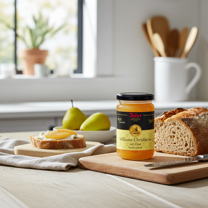 Genussmanufaktur Faller Konfitüre Williams Christbirne mit Zimt 330g, 60% Frucht, VEGAN