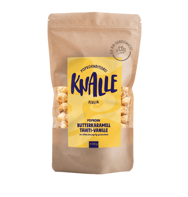 Knalle Popkorn- Butterkaramell Tahiti-Vanille - in hellbrauner Tüte mit gelbem Etikett und blauer Schrift