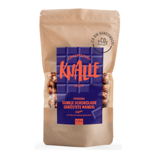 Knalle Popkorn- Dunkle Schokolade Geröstete Mandeln VEGAN - braune Tüte mit blauem Label und roter Schrift
