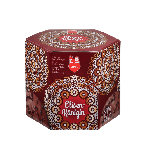 Lebkuchen Elisen-Königin - Lebkuchen Schmidt, eine sechseckige rote Schachtel mit Lebkuchen