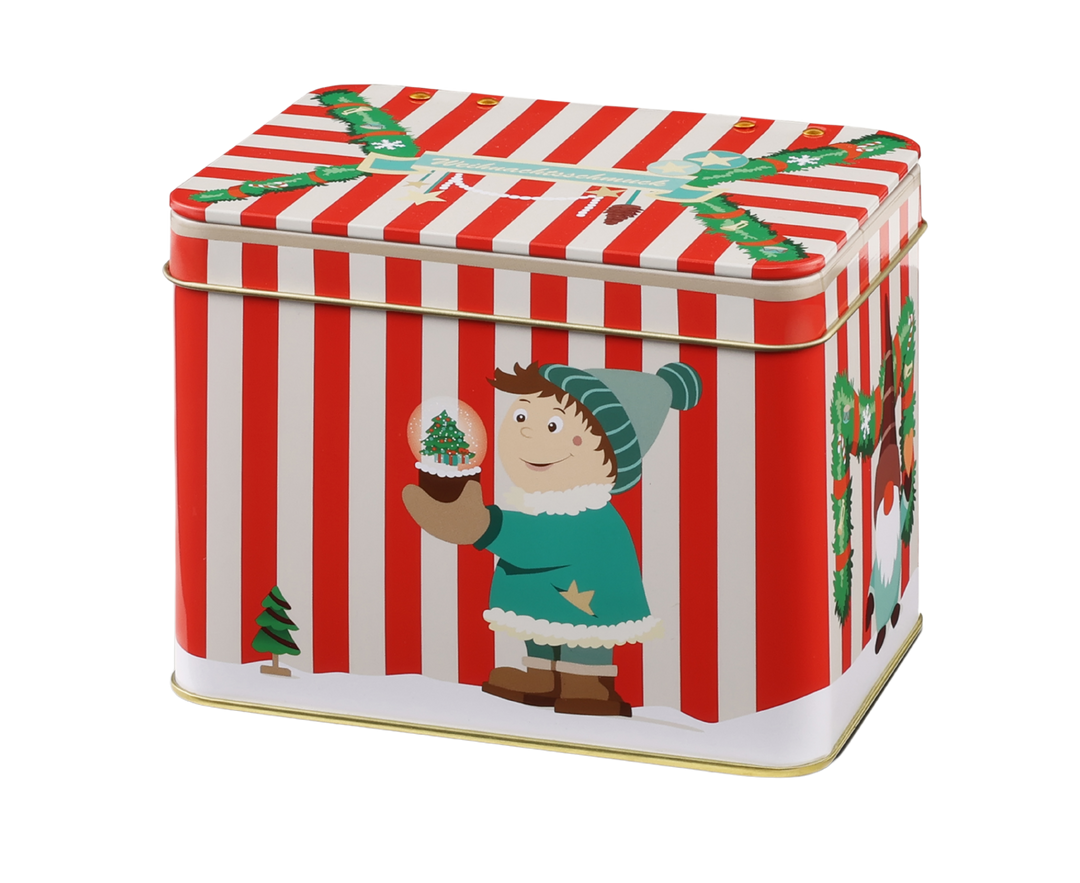 Christkindlesmarkt-Buden-Dose von Lebkuchen Schmidt, festliche Blechdose mit weihnachtlichem Marktmotiv.