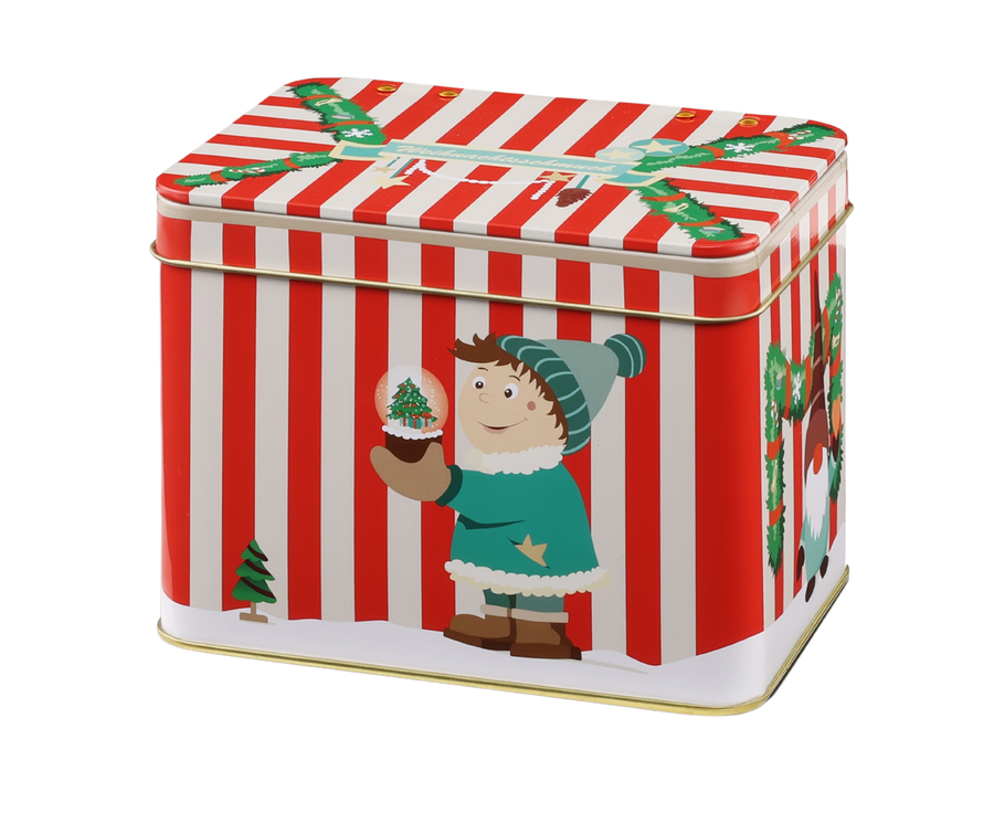 Christkindlesmarkt-Buden-Dose von Lebkuchen Schmidt, festliche Blechdose mit weihnachtlichem Marktmotiv.