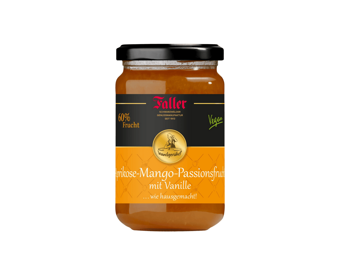 Genussmanufaktur Faller Aprikose - Mango - Passionsfrucht mit Vanille 330g VEGAN - Feinkost Schmitz