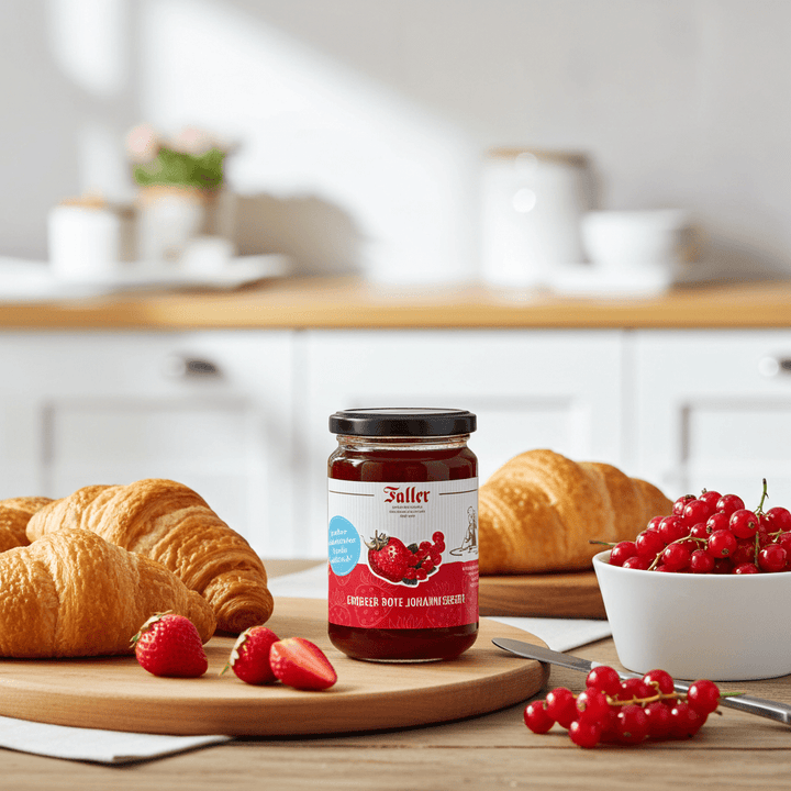 Genussmanufaktur Faller Erdbeere - Rote Johannisbeere zuckerreduzierter Fruchtaufstrich 300g VEGAN - Feinkost Schmitz