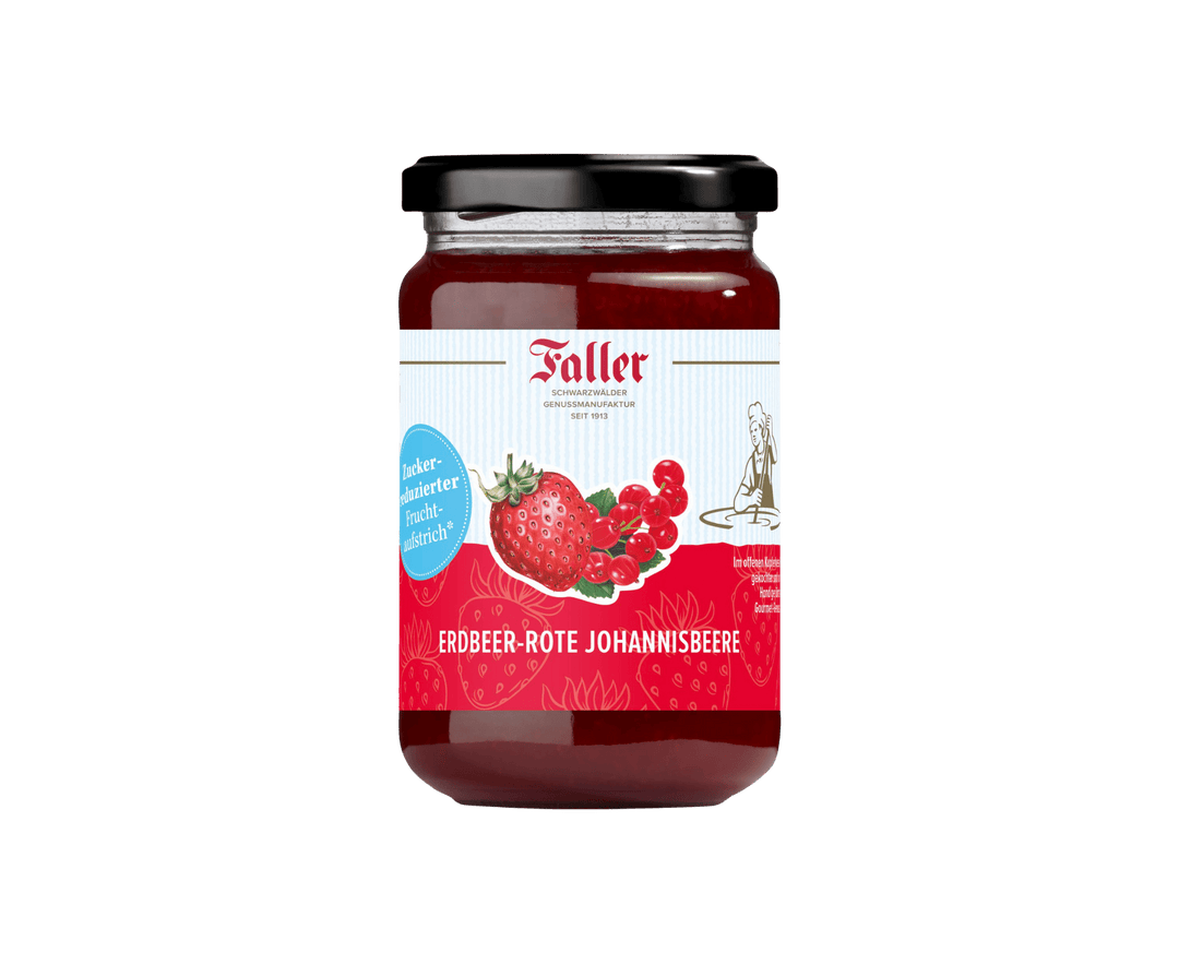 Genussmanufaktur Faller Erdbeere - Rote Johannisbeere zuckerreduzierter Fruchtaufstrich 300g VEGAN - Feinkost Schmitz