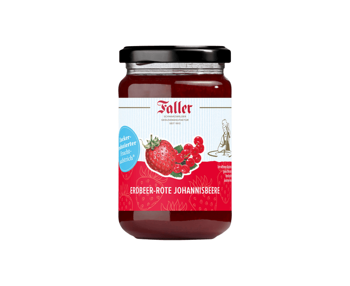 Genussmanufaktur Faller Erdbeere - Rote Johannisbeere zuckerreduzierter Fruchtaufstrich 300g VEGAN - Feinkost Schmitz