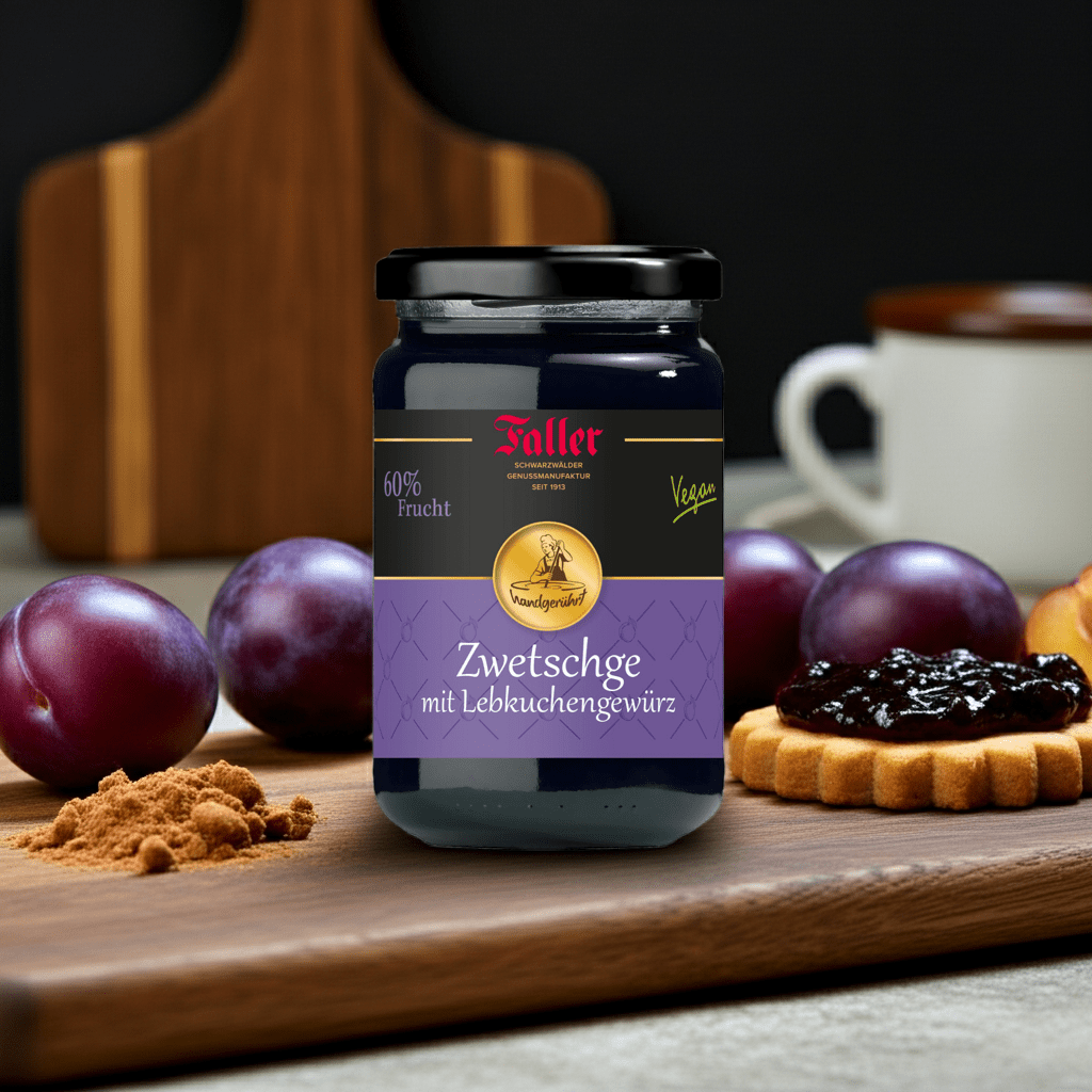 Genussmanufaktur Faller Konfitüre Zwetschge mit Lebkuchengewürz 330g, 60% Frucht, VEGAN - Feinkost Schmitz