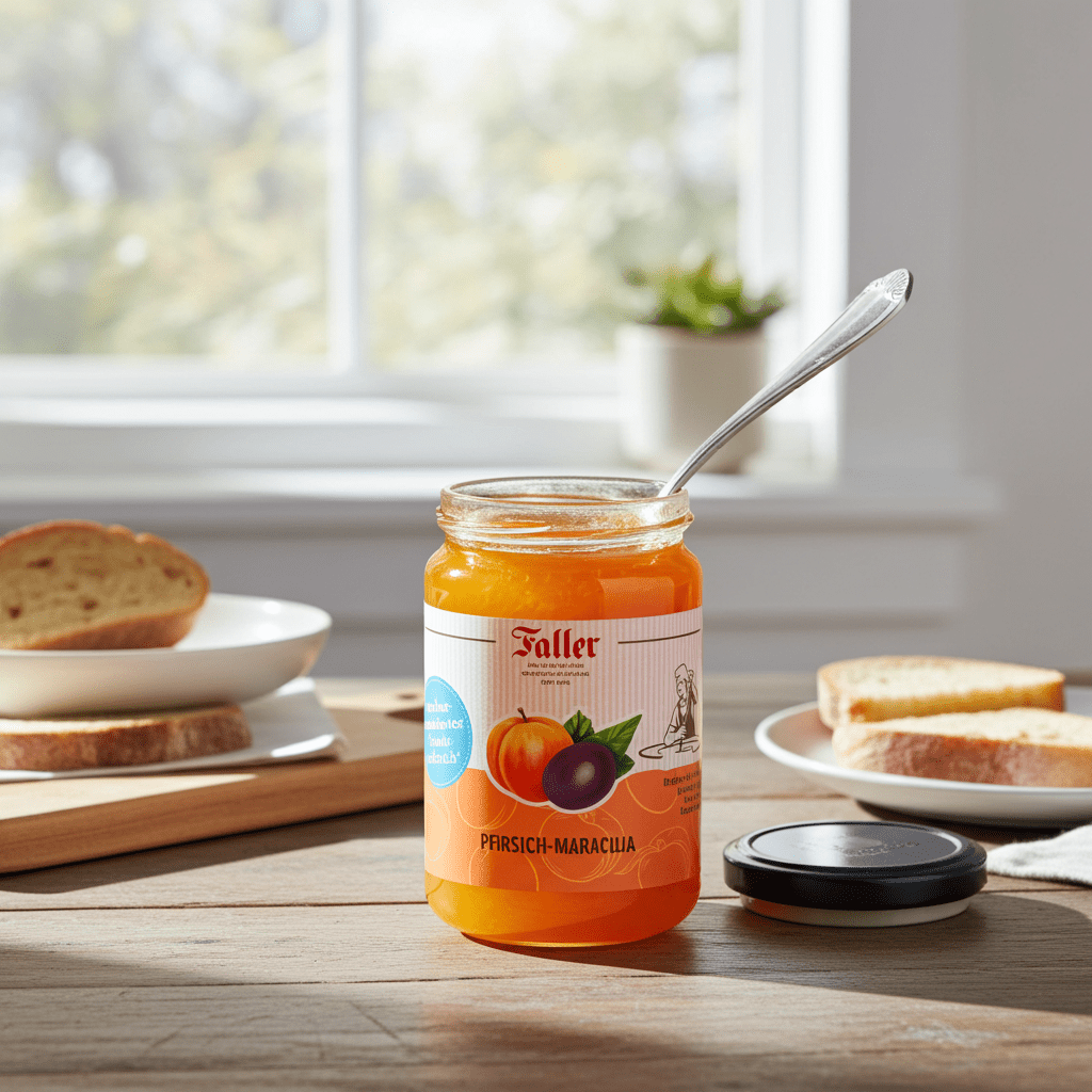 Genussmanufaktur Faller Pfirsich Maracuja zuckerreduzierter Fruchtaufstrich 300g VEGAN - Feinkost Schmitz