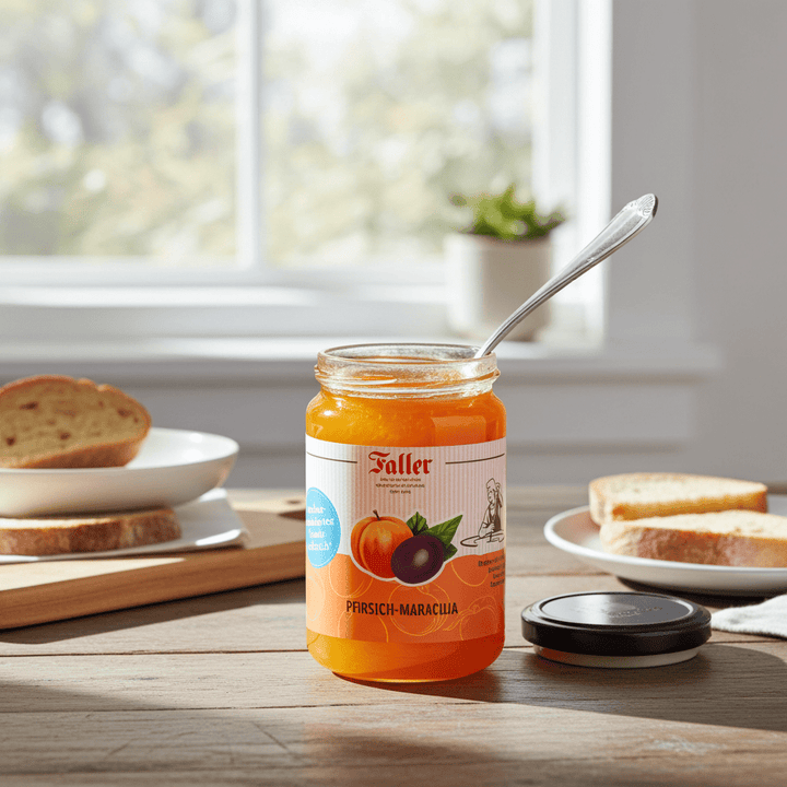 Genussmanufaktur Faller Pfirsich Maracuja zuckerreduzierter Fruchtaufstrich 300g VEGAN - Feinkost Schmitz