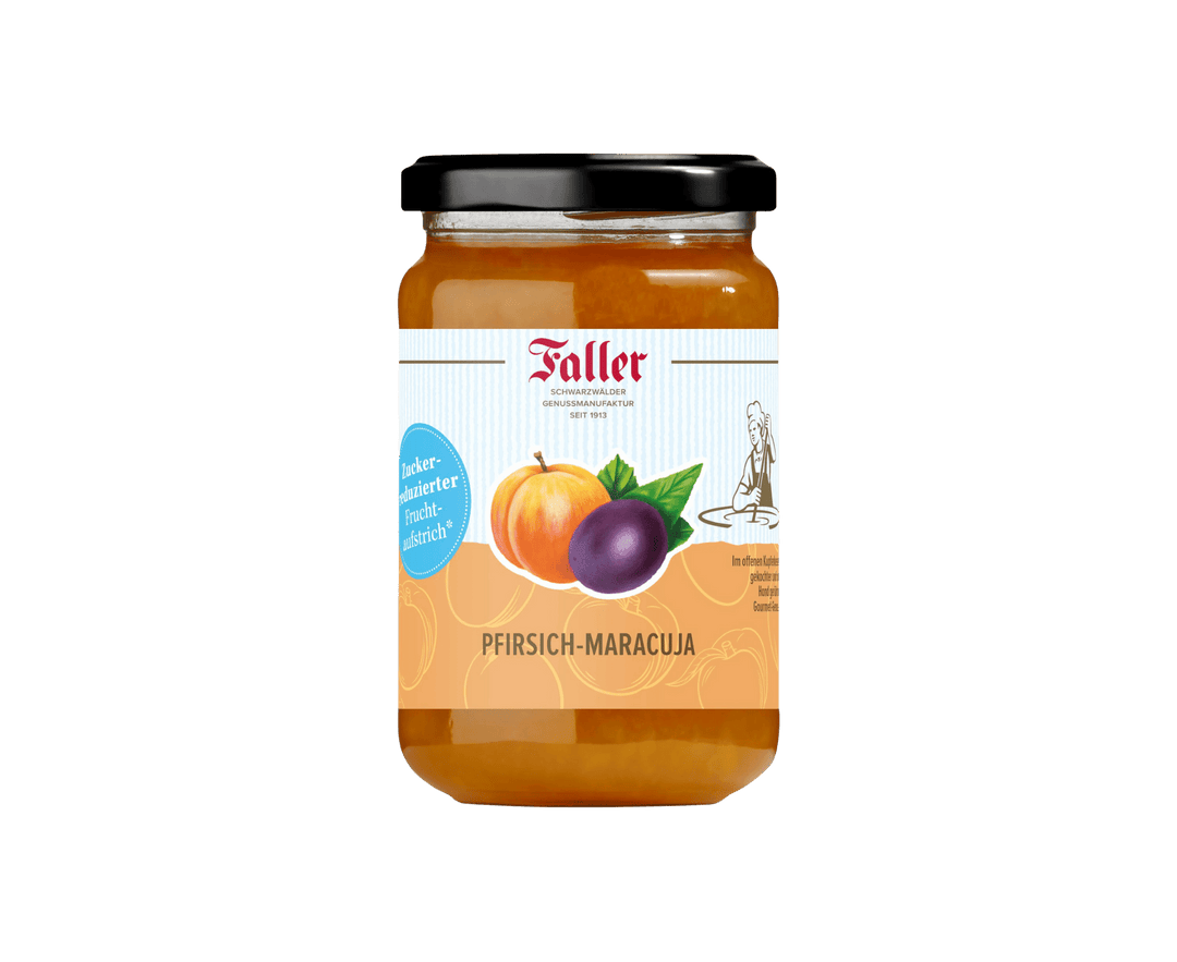 Genussmanufaktur Faller Pfirsich Maracuja zuckerreduzierter Fruchtaufstrich 300g VEGAN - Feinkost Schmitz