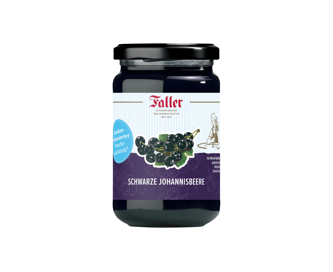 Genussmanufaktur Faller Schwarze Johannisbeere zuckerreduzierter Fruchtaufstrich 300g VEGAN - Feinkost Schmitz