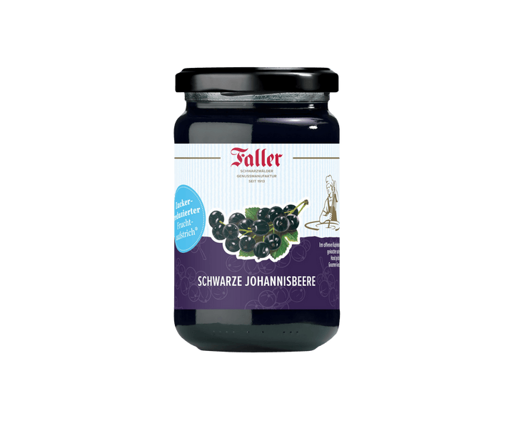 Genussmanufaktur Faller Schwarze Johannisbeere zuckerreduzierter Fruchtaufstrich 300g VEGAN - Feinkost Schmitz