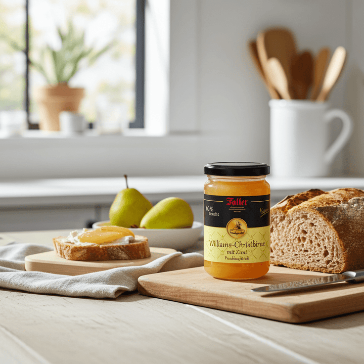Genussmanufaktur Faller Williams Christbirne mit Zimt 330g, 60% Frucht, VEGAN - Feinkost Schmitz