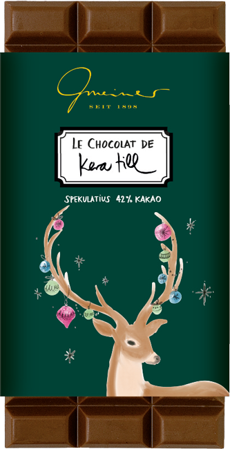 Kera Till - Oh my Deer,  Spekulatius Schokolade, 42% - Schokoladentafel, grüne Verpackung mit Rentier, Weihnachtskugeln am Geweih