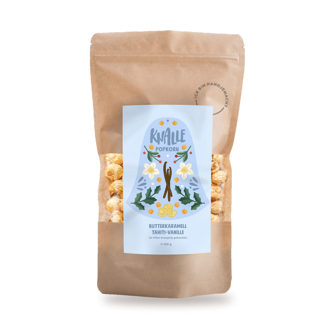 Knalle Popcorn Butterkaramell Tahiti-Vanille Winteredition in der Tüte im Weihnachtsdesign - Feinkost Schmitz