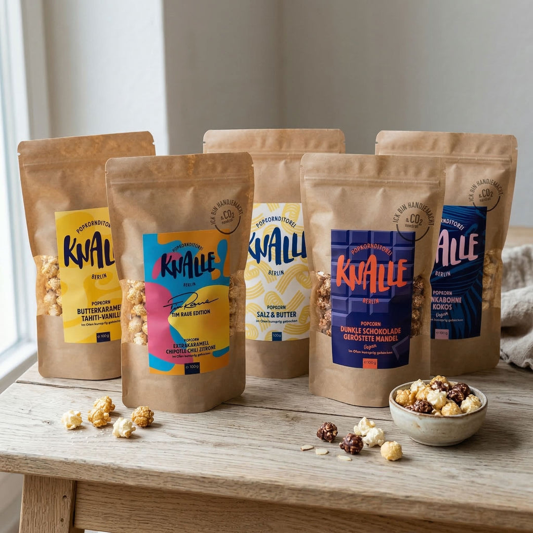 Knalle Popcorn Degustationsset – 5 Sorten à 100 g - Feinkost Schmitz