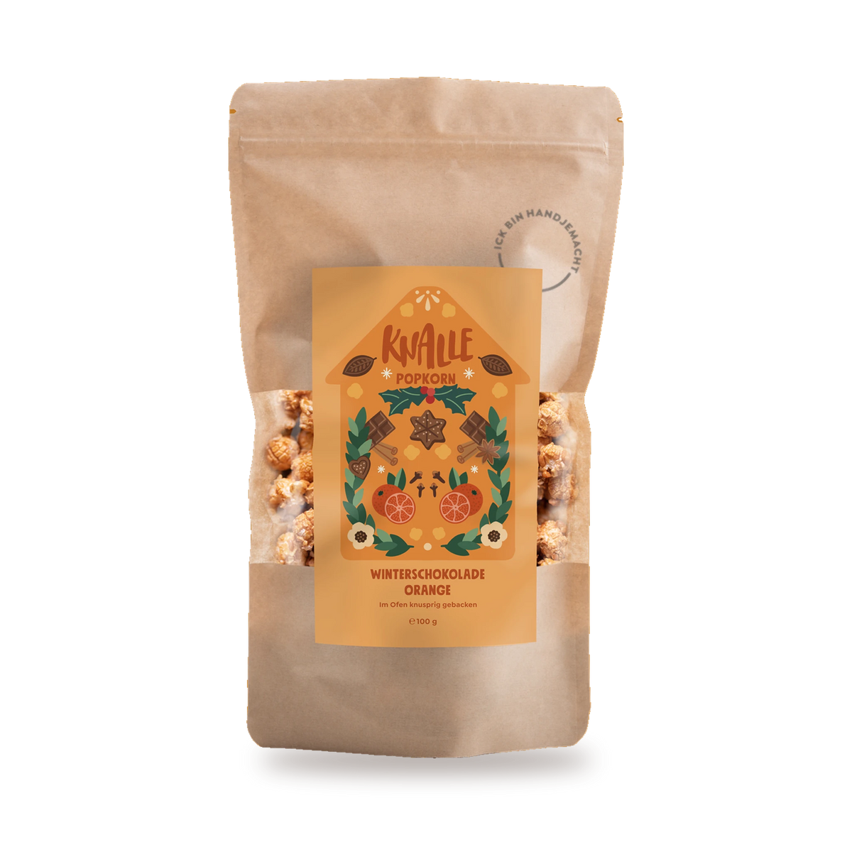 Knalle Popcorn Winterschokolade Orange in der Tüte im Weihnachtsdesign - Feinkost Schmitz