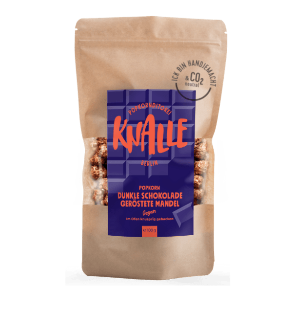 Knalle Popkorn dunkle Schokolade geröstete Mandeln VEGAN - Feinkost Schmitz