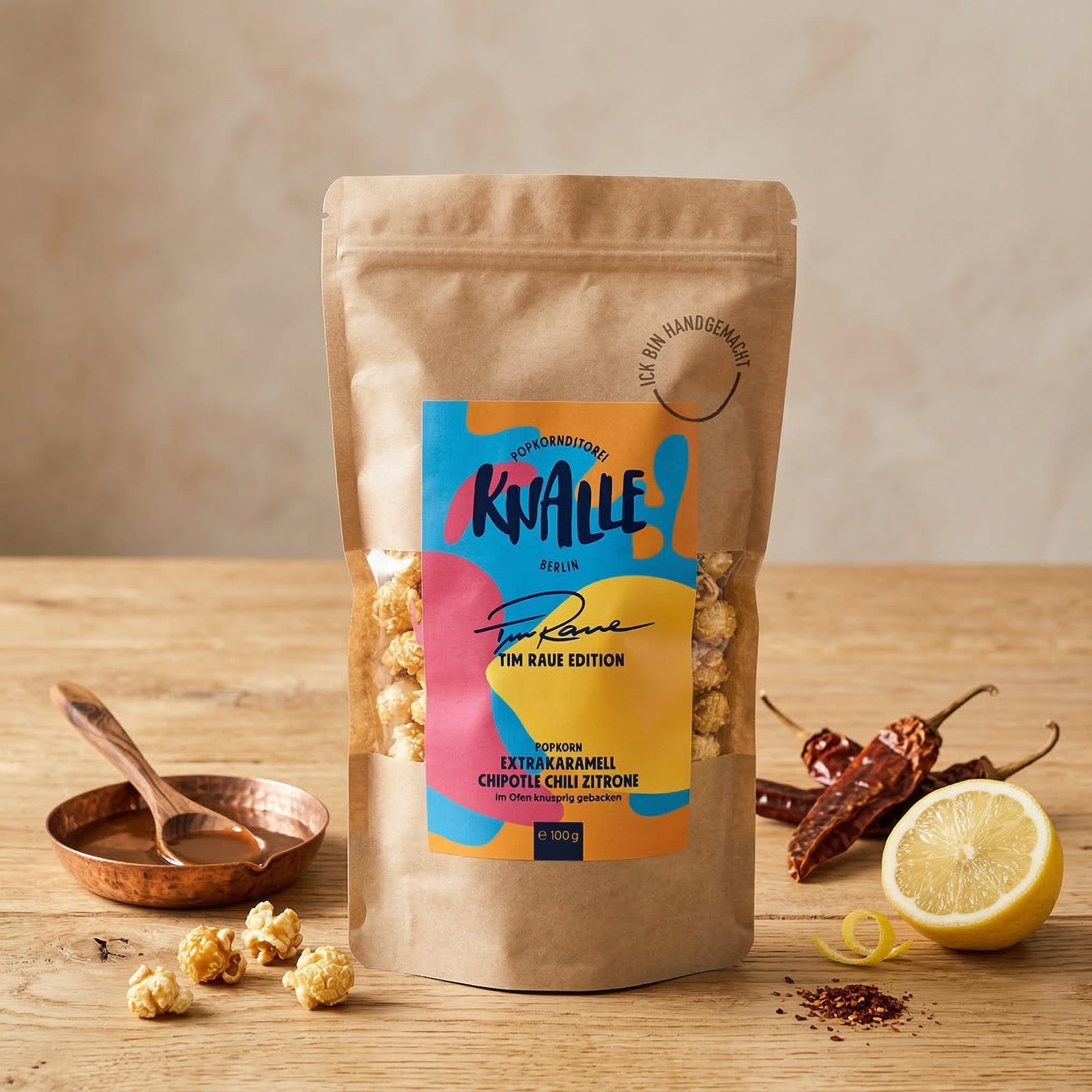 Knalle Popkorn Extrakaramell Chipotle Chili Zitrone TIM RAUE Edition 100g - Feinkost Schmitz