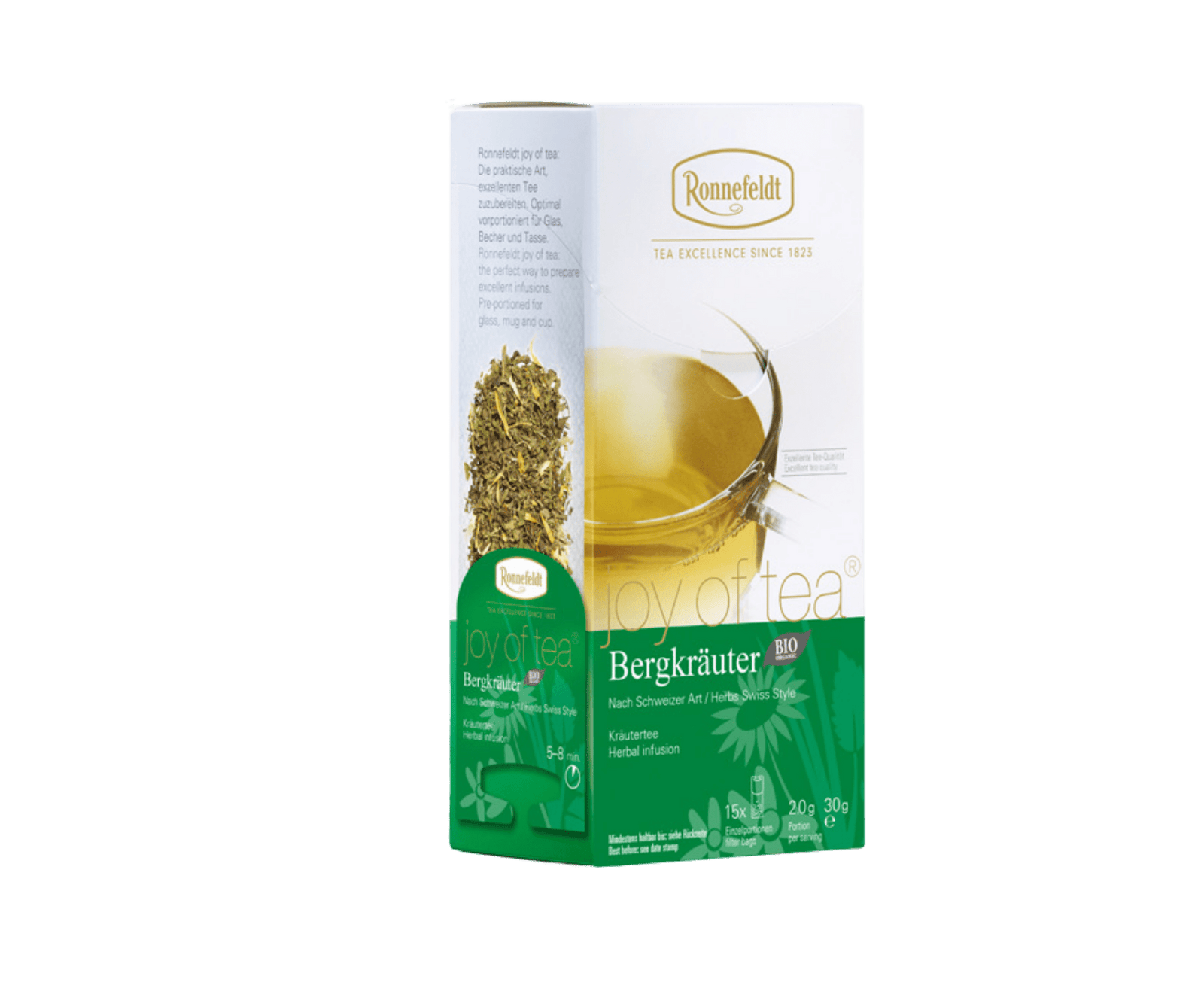 Ronnefeldt Joy of Tea Bio Bergkräuter Kräutertee nach Schweizer Art, 15 Teebeutel à 2 g, grün-weiße Packung mit Bio-Siegel und Kräutertee-Beutel
