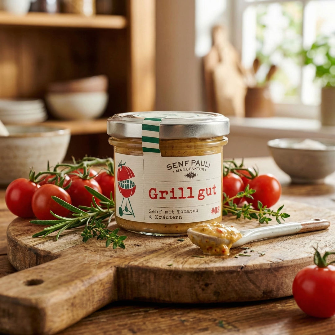 Senf Paul " Grill gut" - Senf mit Tomaten &amp; Kräutern 110ml - Feinkost Schmitz