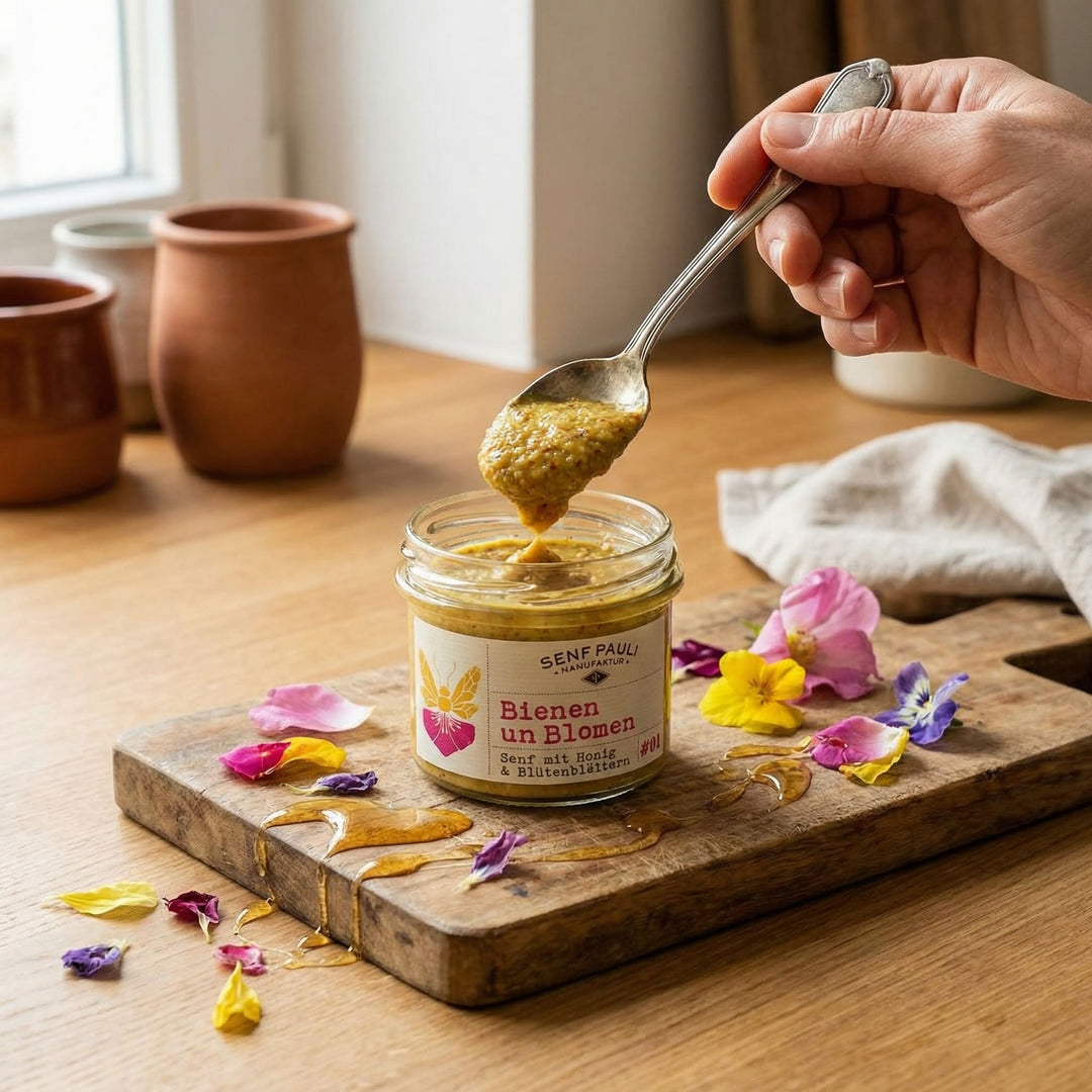 Senf Pauli "Bienen un Blomen" - Senf mit Honig und Blütenblätter 110ml - Feinkost Schmitz