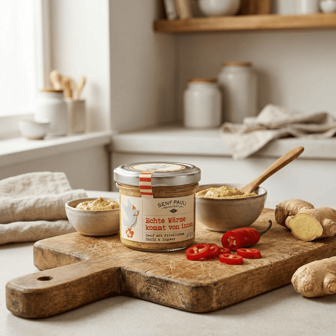 Senf Pauli "Charity - Echte Wärme kommt von innen" - Senf mit friedlichem Chili &amp; Ingwer 110ml - Feinkost Schmitz