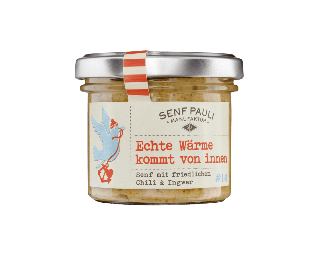 Senf Pauli "Charity - Echte Wärme kommt von innen" - Senf mit friedlichem Chili &amp; Ingwer 110ml - Feinkost Schmitz
