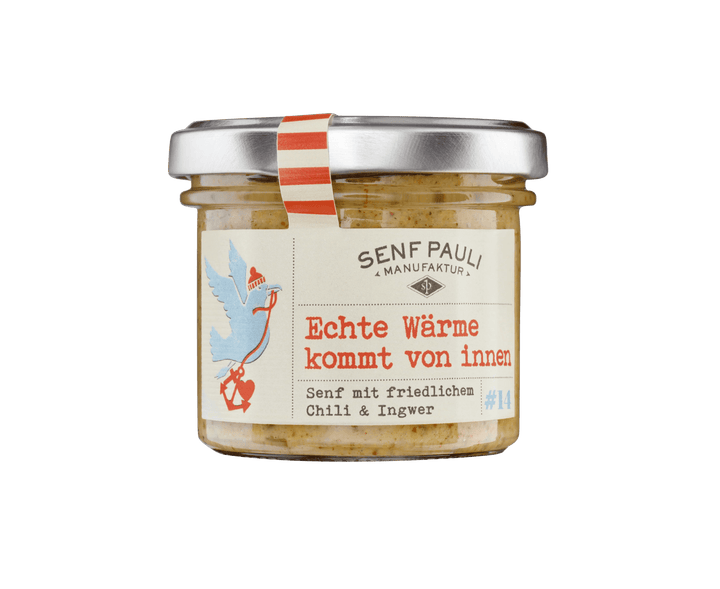 Senf Pauli "Charity - Echte Wärme kommt von innen" - Senf mit friedlichem Chili &amp; Ingwer 110ml - Feinkost Schmitz