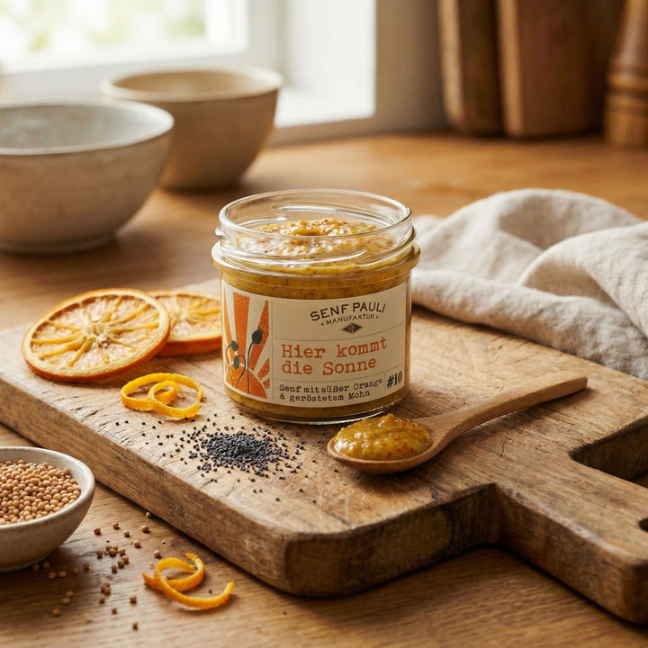 Senf Pauli "Hier kommt die Sonne" – Senf mit Orange und Mohn 110ml - Feinkost Schmitz