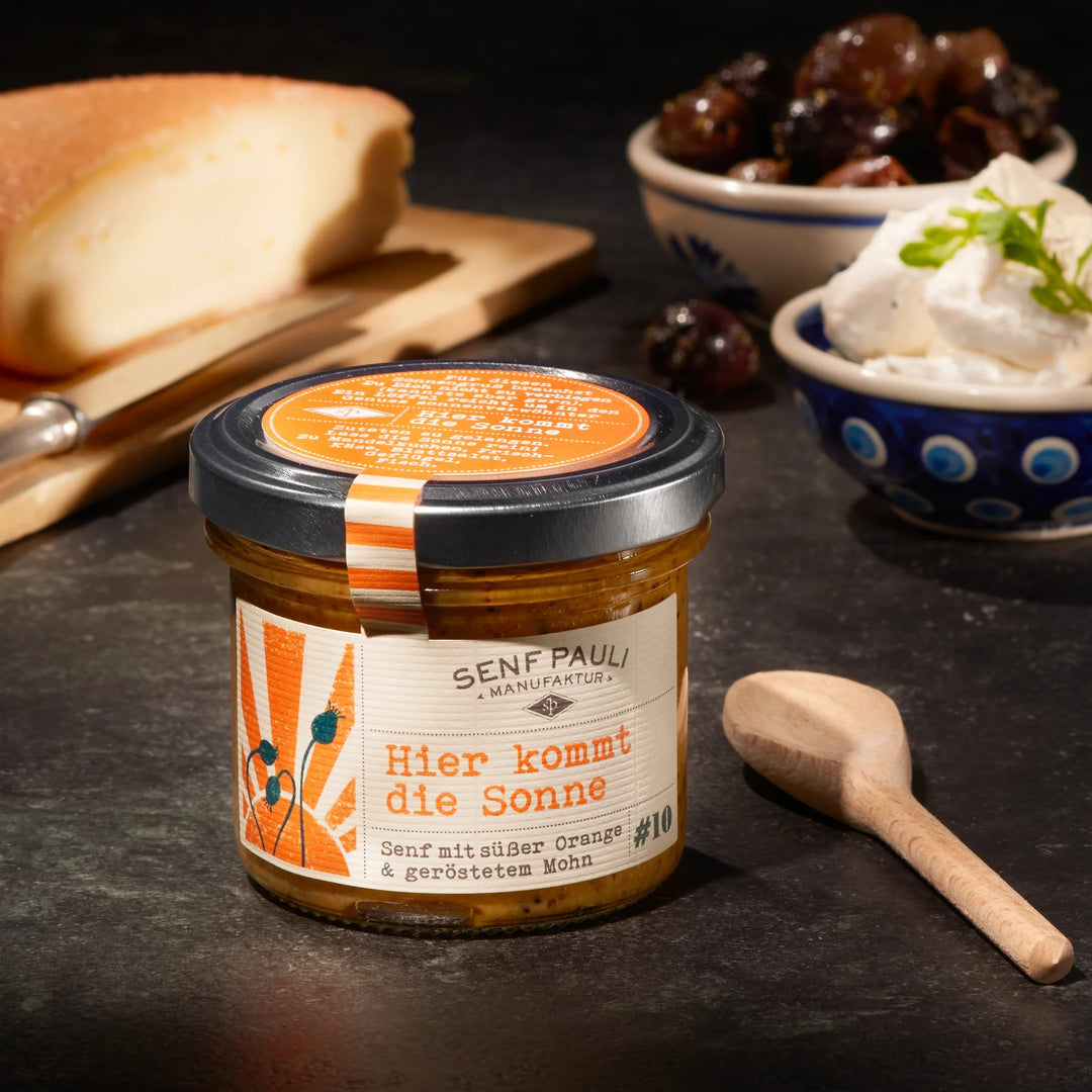 Senf Pauli "Hier kommt die Sonne" – Senf mit Orange und Mohn 110ml - Feinkost Schmitz