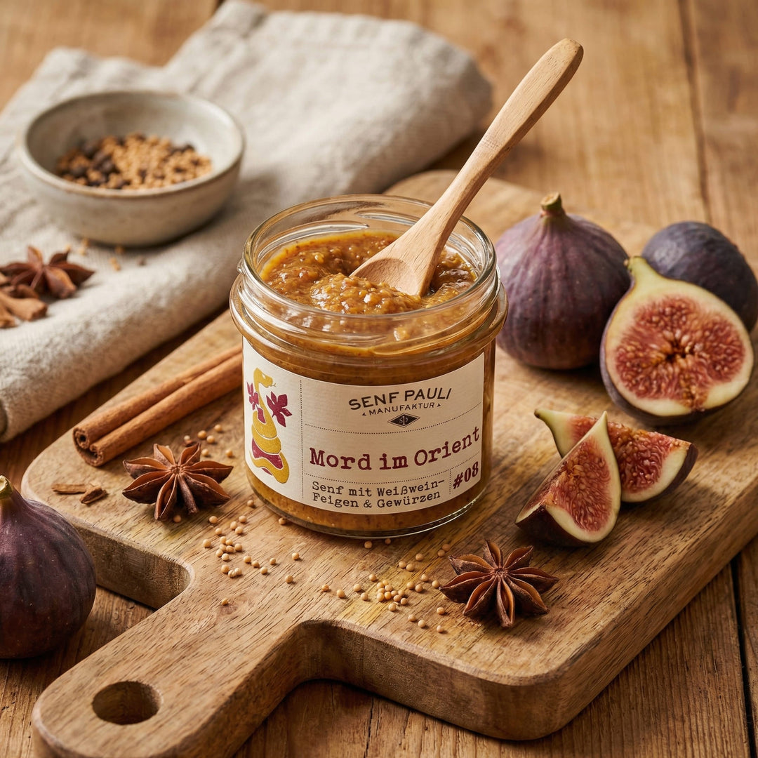 Senf Pauli "Mord im Orient" – Senf mit Weisswein, Feigen und Gewürzen 110ml - Feinkost Schmitz
