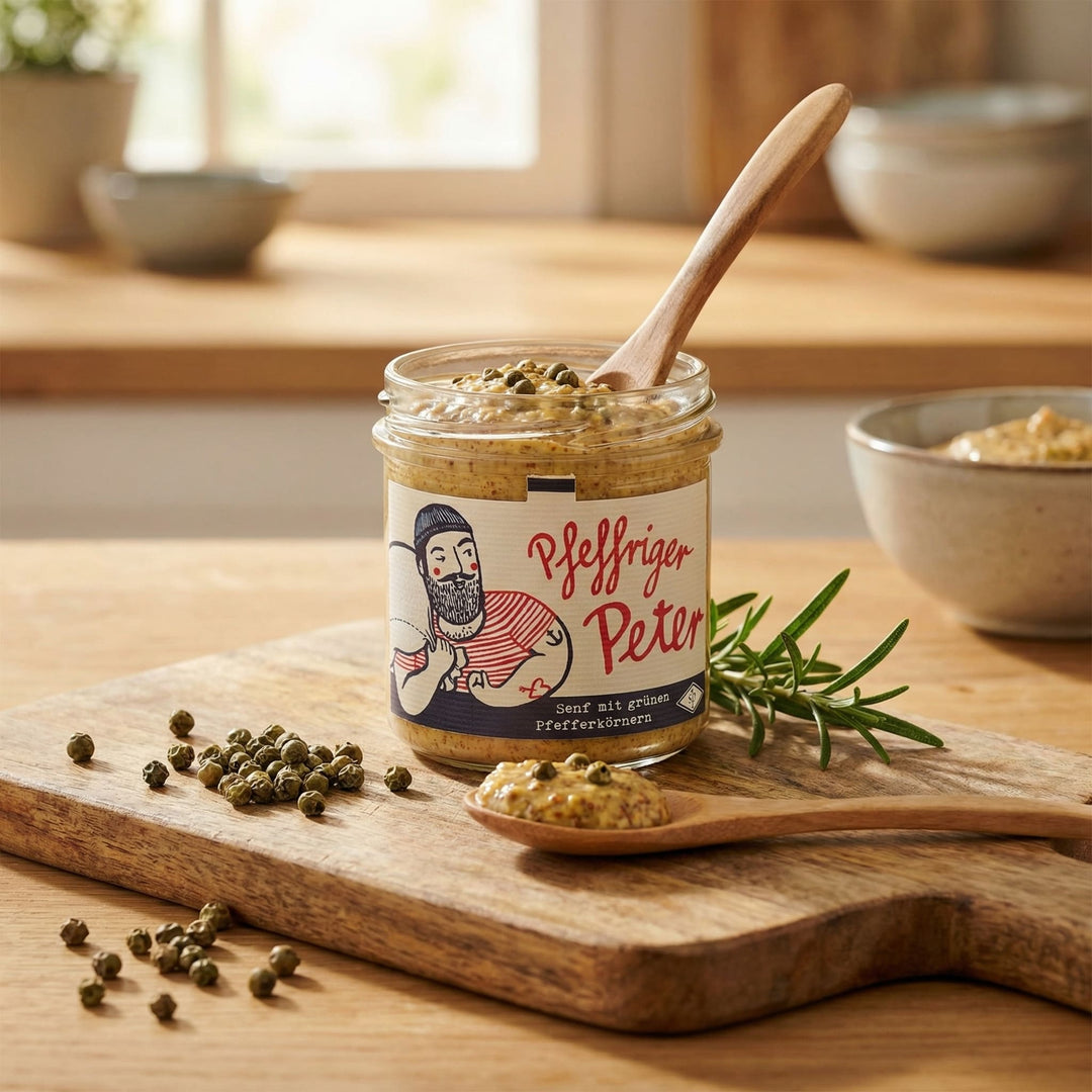 Senf Pauli "Pfeffriger Peter" - Senf mit grünen Pfefferkörnern 160ml - Feinkost Schmitz