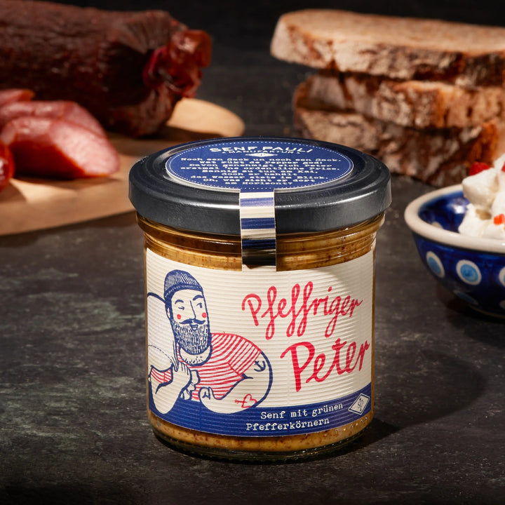 Senf Pauli "Pfeffriger Peter" - Senf mit grünen Pfefferkörnern 160ml - Feinkost Schmitz