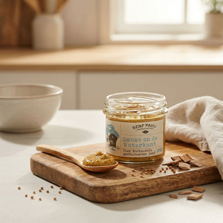 Senf Pauli" Smoke on de Waterkant" Über Buchenholz geräucherter Senf 110ml - Feinkost Schmitz